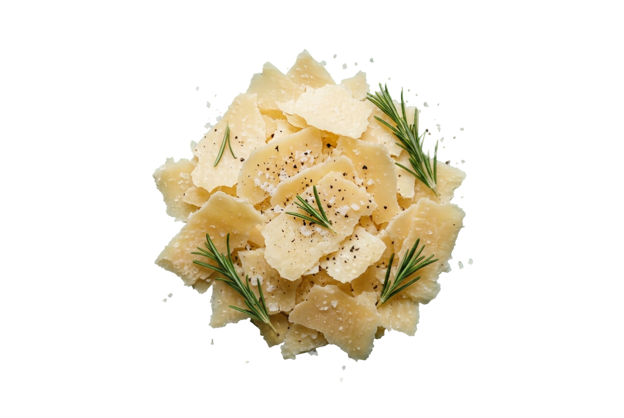 Lascas de queijo parmesão temperadas com sal grosso, pimenta moída e ramos de alecrim fresco pelo Grupo Casa Nova.