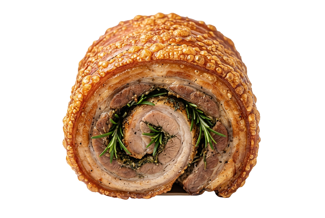 Rolo de porchetta tradicional assada com pele estaladiça e recheio de ervas aromáticas e alecrim, prato do Grupo Casa Nova.