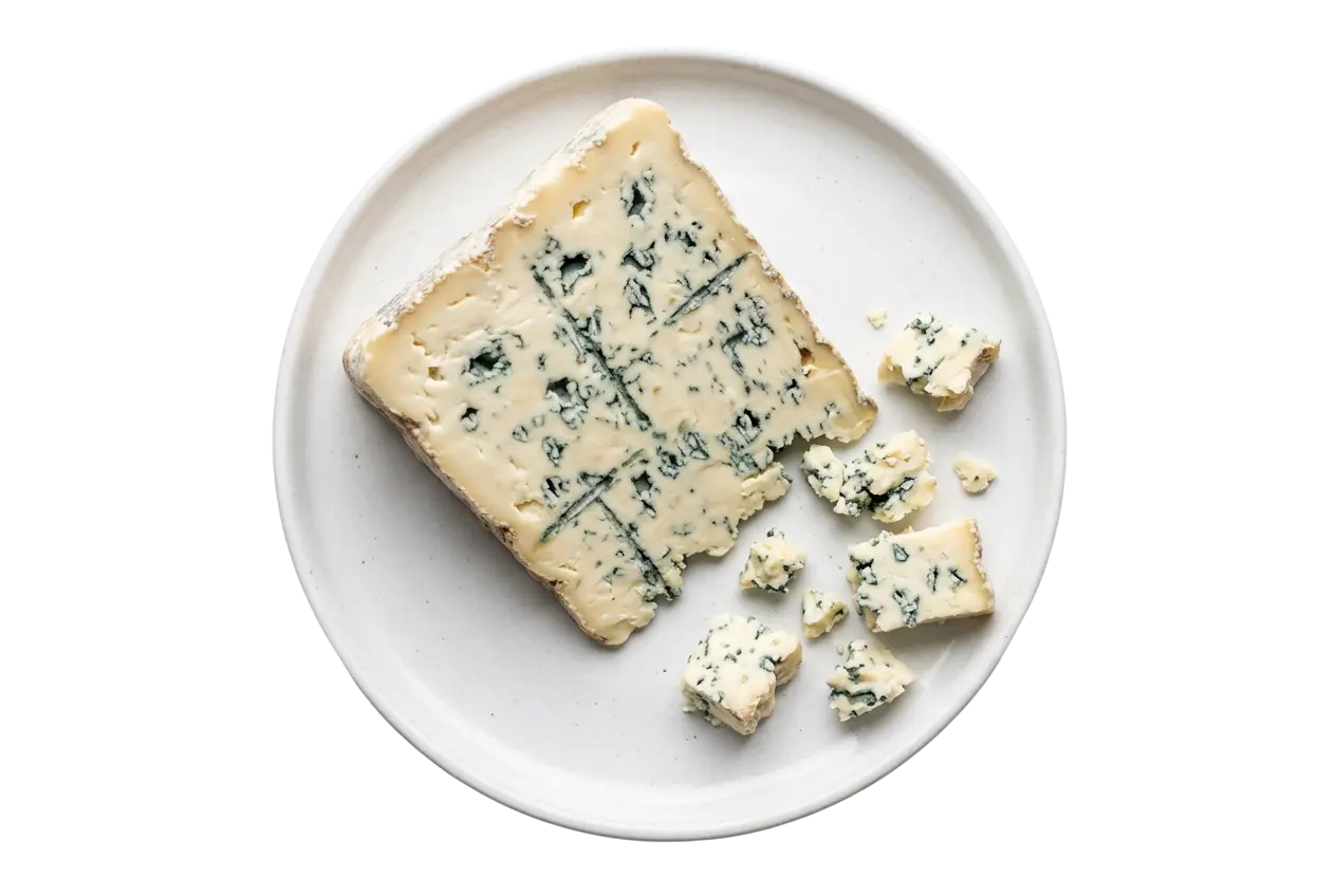 Pedaço de queijo azul gorgonzola com pequenos cubos fatiados num prato branco, produto do Grupo Casa Nova.