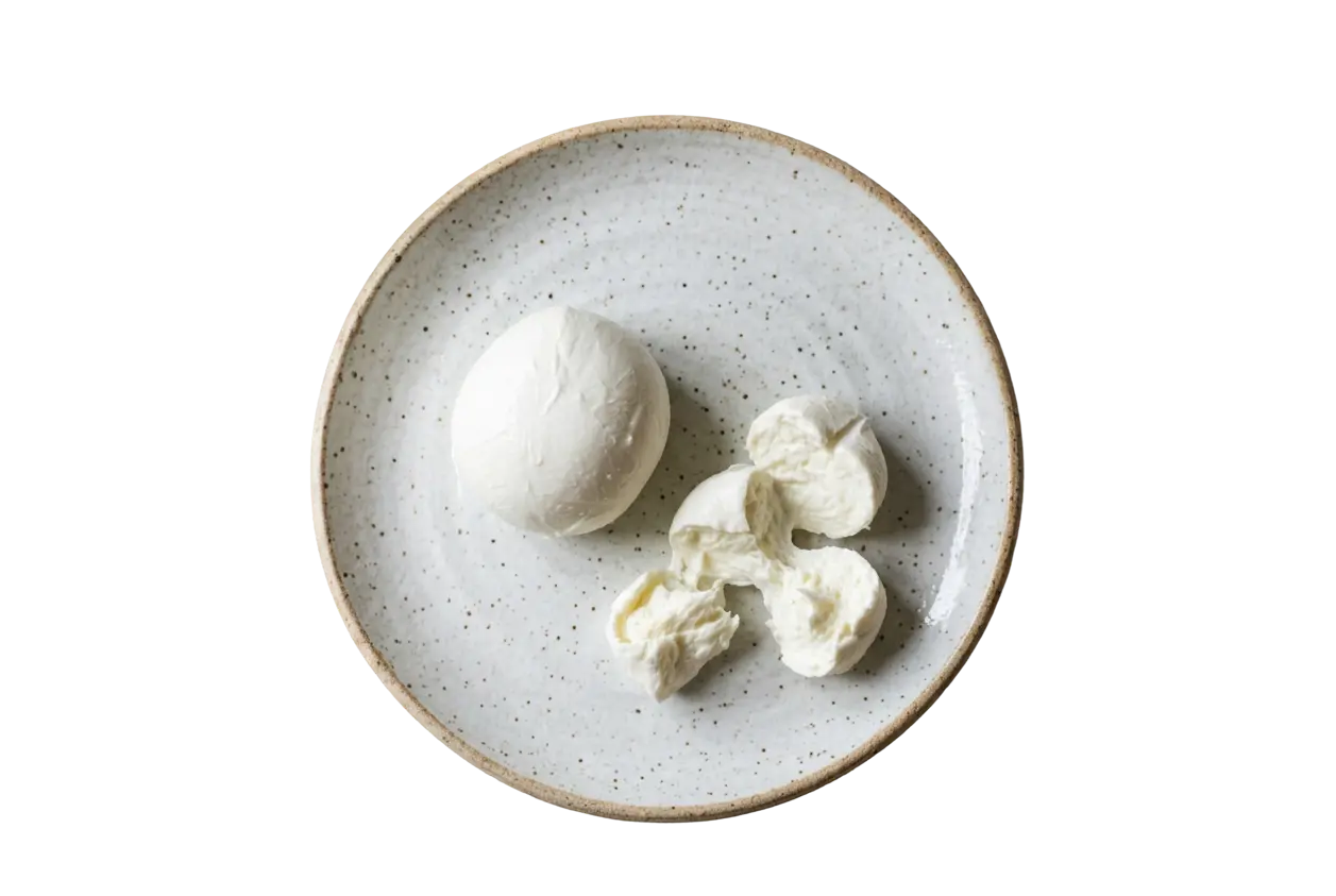 Esfera de queijo mozzarella fresco e fatias desfiadas servidas em prato de cerâmica rústico pelo Grupo Casa Nova.