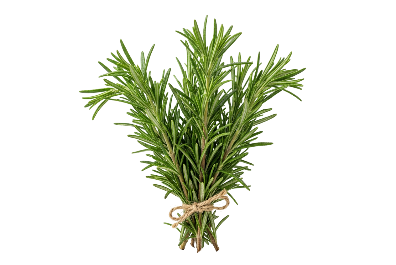 Molho de ramos de alecrim fresco atado com fio de corda rústico em fundo preto, erva aromática usada pelo Grupo Casa Nova.